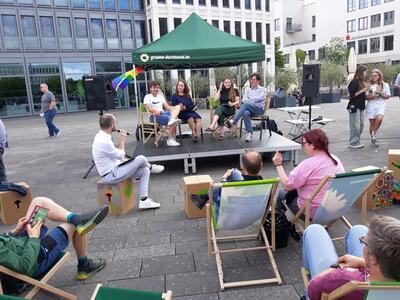 Polit-Talk mit Max Lucks, Ricarda Lang, Kathin Lögering und Christoph Neumann auf der Bühne; Moderation Michael Roels-Leitmann